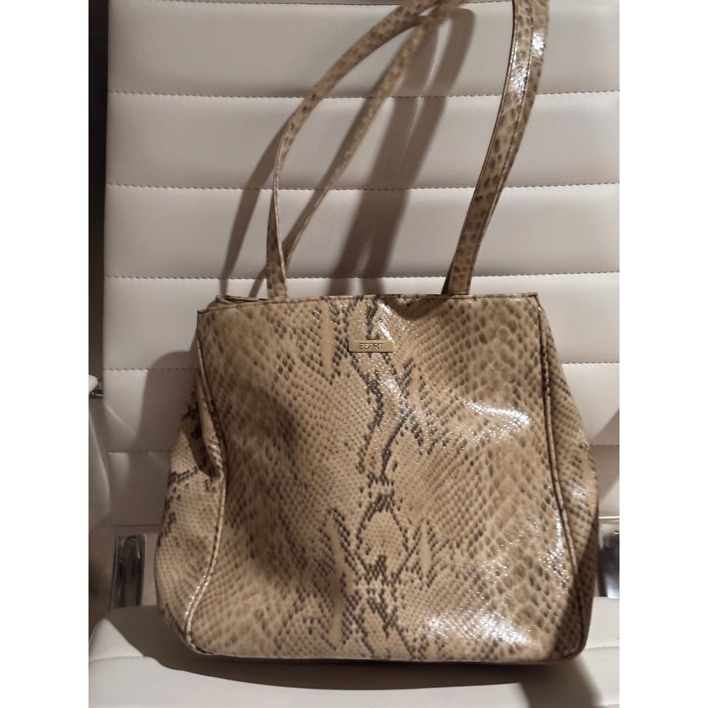 Esprit Faux Snakeskin Shoulder Bag‎ Tan Brown Animal Print Triple Compartment